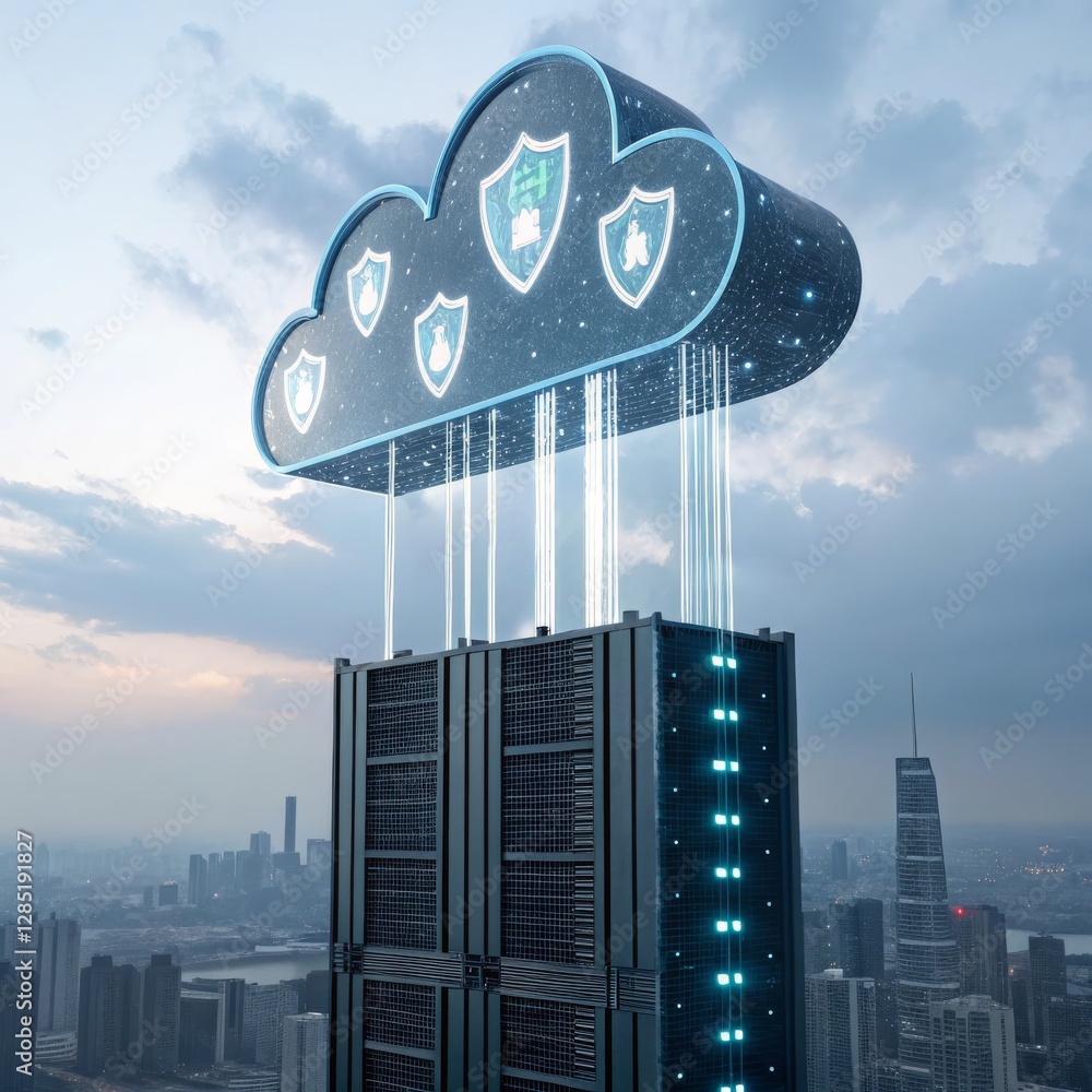 Aufkleber a futuristic cloud server farm floating. secure cloud infrastructure digital cloud security over a c