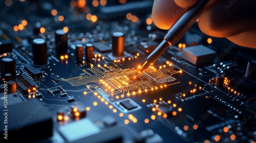 Poster innovative technology action circuit board assembly high-tech laboratory close-up photography dynami