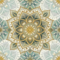 Seamless pattern, pattern, watercolor, exquisite mandala with gold elements and turquoise accents in oriental style