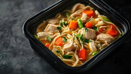 Delicious Homemade Chicken Noodle Soup in a Black Takeout Container
