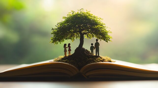 Small family standing under bonsai tree on an open book, conveying the idea of family legacy, generational connections, and passing wisdom to future generations
