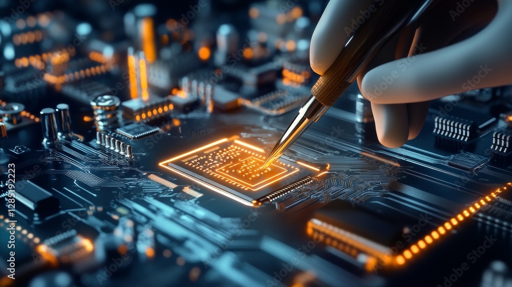 Poster precision electronics manufacturing process technology lab close-up image control environment focuse