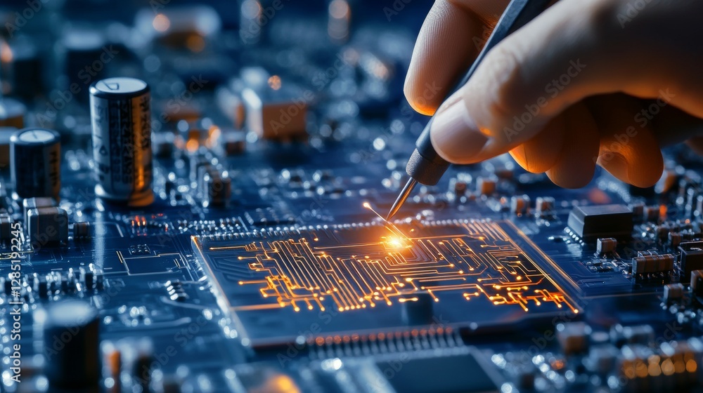 Poster precision engineering in technology circuit board assembly high-tech lab electronics process close-u