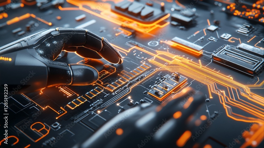 Poster innovative robotic hand manipulating circuitry futuristic tech lab digital artwork high-tech environ