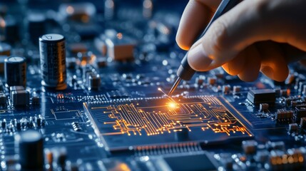 Precision engineering in technology circuit board assembly high-tech lab electronics process close-up view innovation focus