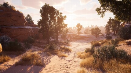Serene Sunset Landscape Sandy Path Through Desert Canyon with Trees and Rocks