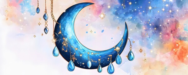 Decorative blue crescent moon adorned with jewels and golden chains