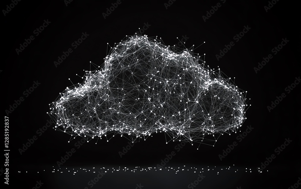 Poster central cloud computing icon made of dots connected by lines, showcasing data transfer between point