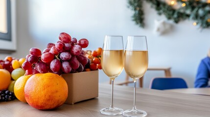 Two Glasses of White Wine with Fresh Fruit on a Wooden Table