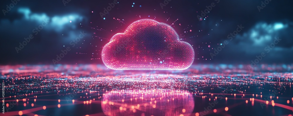 Poster futuristic cloud computing concept, large cloud icon in center made of small dots, connected by netw