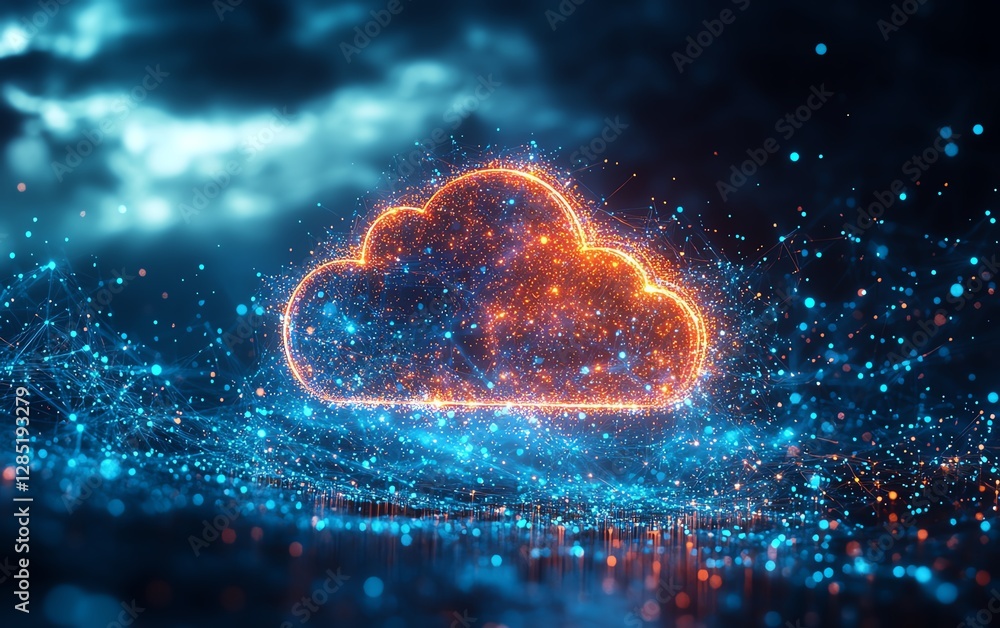 Poster futuristic cloud computing concept, glowing cloud icon in center, formed by thousands of interconnec