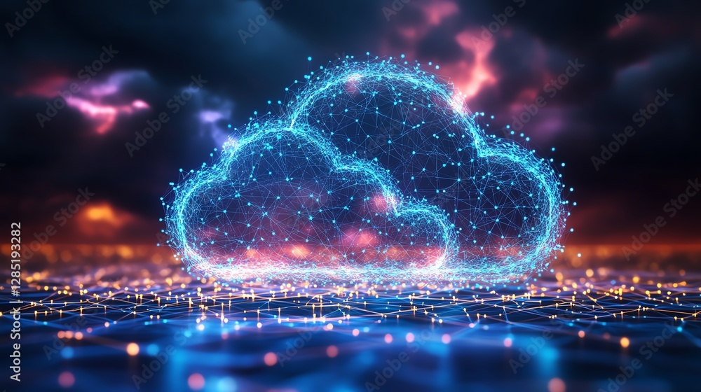 Poster futuristic cloud computing illustration, large cloud icon connected to a network of lines and dots, 