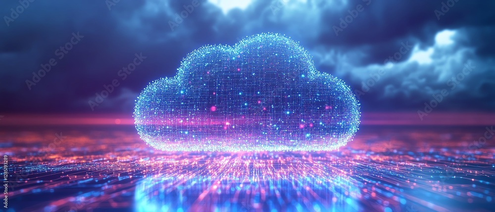 Poster futuristic cloud computing visualization, cloud icon made of tiny dots connected by network lines, s