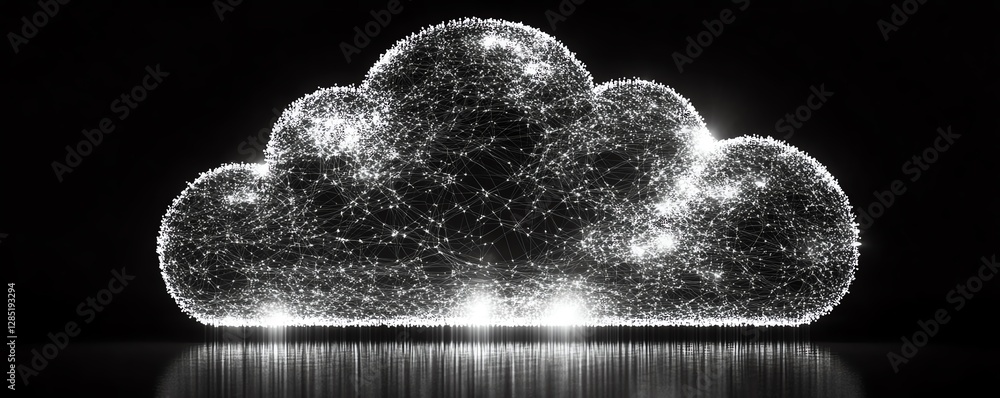Poster futuristic cloud computing concept, large cloud icon in center made of small dots, connected by netw