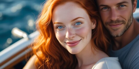 Romantic couple embracing on a boat during golden hour, enjoying a peaceful moment together. The red-haired woman smiles softly while the man gazes lovingly, with the ocean in the background.

