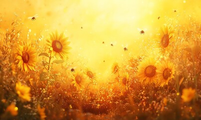 tranquil field of sunflowers under a golden sunset with bees buzzing around the blossoms, Generative AI