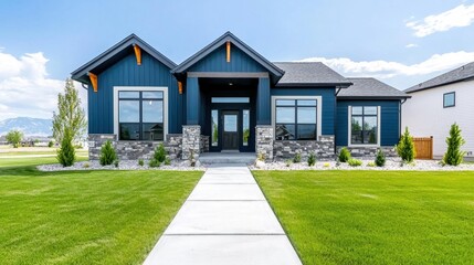 Fototapeta premium Modern blue house with stone accents and landscaped yard under bright sky in suburban neighborhood, showcasing architectural design and outdoor beauty