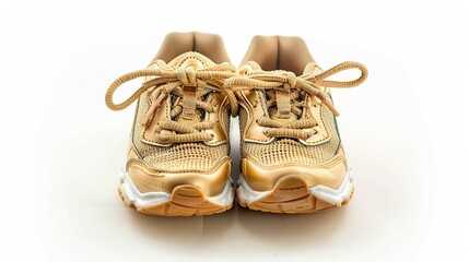 Gold children's sports shoes on white background in empty room