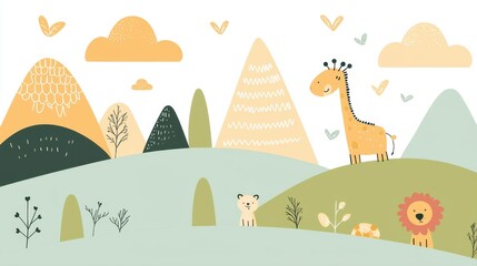 Whimsical illustration of a safari landscape featuring playful animals, mountains, and butterflies in a cheerful color palette for children's décor or educational materials