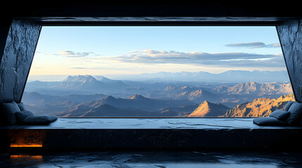 Futuristic room with mountain vista