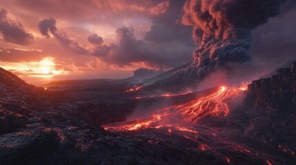Fototapeta premium Volcanic Eruption Sunset Lava Flow Landscape