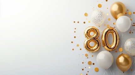 Golden balloons and confetti for 80th birthday celebration with white and gold decoration elements for a festive occasion backdrop