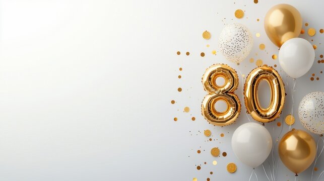 Golden balloons and confetti for 80th birthday celebration with white and gold decoration elements for a festive occasion backdrop - Powered by Adobe