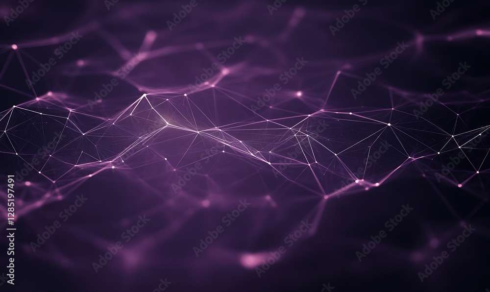 Poster abstract purple network with glowing nodes and connections, creating a futuristic digital landscape.