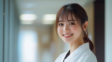 Smiling Female Medical Professional in White Lab Coat with Confidence
