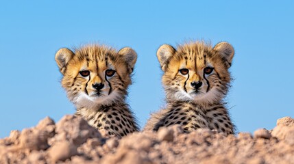 Obraz premium Two Adorable Cheetah Cubs Playfully Peeking Over a Sandy Surface Against a Bright Blue Sky in Their Natural Habitat