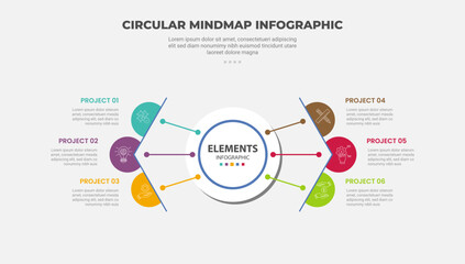 circular mind map infographic outline style with 6 point template with big circle centered spreading with arrow structure for slide presentation