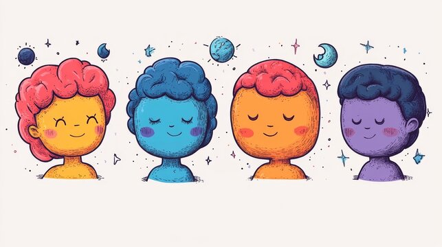 Playful Vector Illustration of Four Characters Representing Mind States