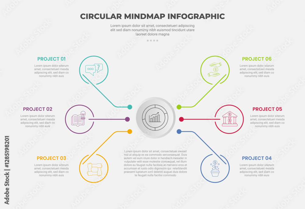 Aufkleber circular mind map infographic outline style with 6 point template with big circle centered with smal
