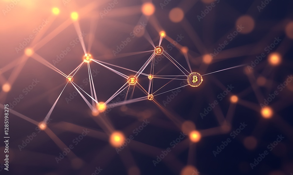 Leinwandbilder Abstract digital network with glowing nodes and Bitcoin symbol, representing cryptocurrency technology.