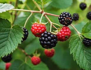 Ripening Blackberries on a Branch with Green Leaves
