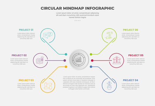 circular mind map infographic outline style with 6 point template with big circle centered with small outline circle connection for slide presentation