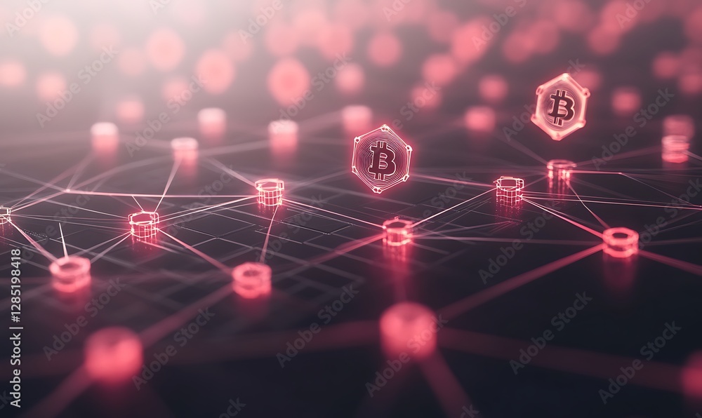 Leinwandbilder Abstract digital network visualization in red and black, featuring interconnected nodes and geometric shapes.