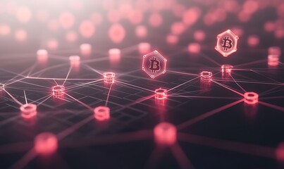 Abstract digital network visualization in red and black, featuring interconnected nodes and geometric shapes.