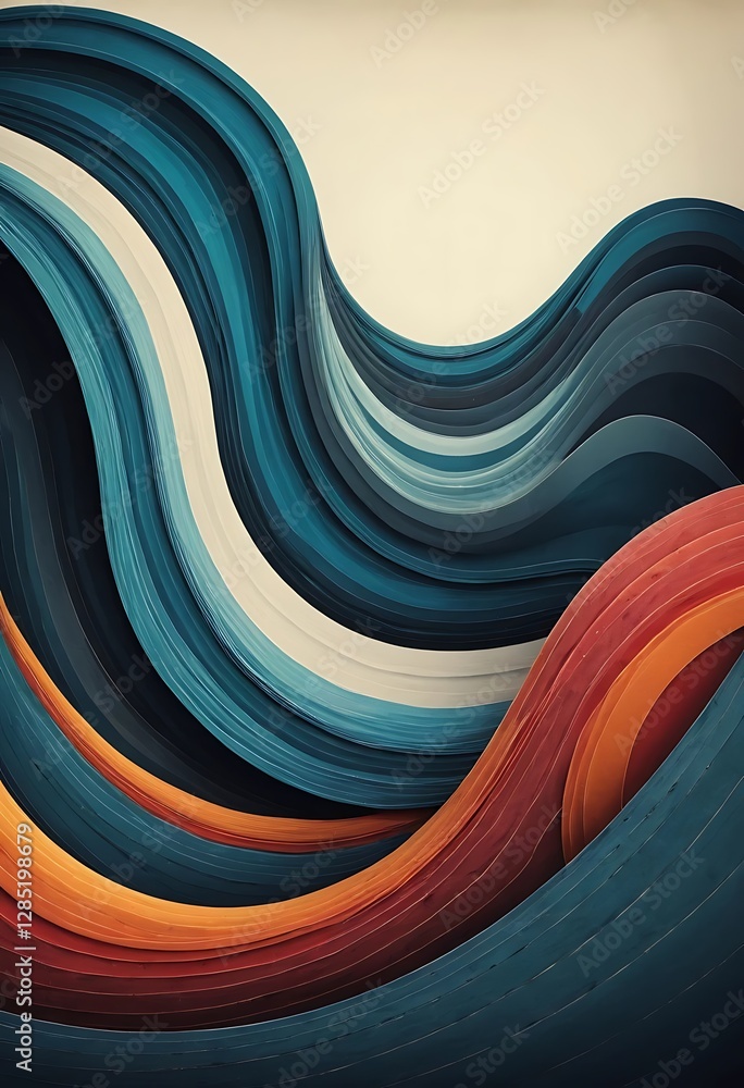 Poster abstract layered waves in blue and orange, dynamic fluid design