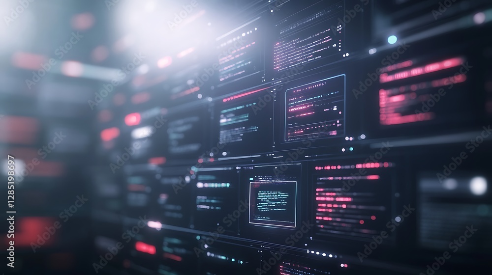Poster digital interface with vibrant code displays and glowing elements in a futuristic environment.