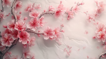 A serene depiction of pink cherry blossoms on a soft background, evoking tranquility and beauty.