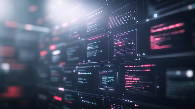 Digital interface with vibrant code displays and glowing elements in a futuristic environment.