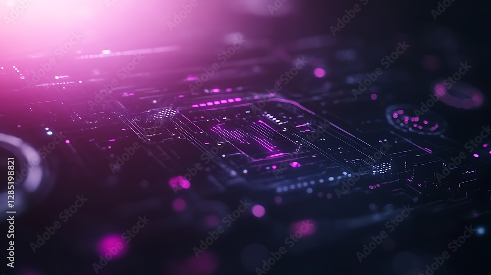Fototapete Abstract digital circuit with vibrant pink lights and intricate patterns showcasing technology and innovation.