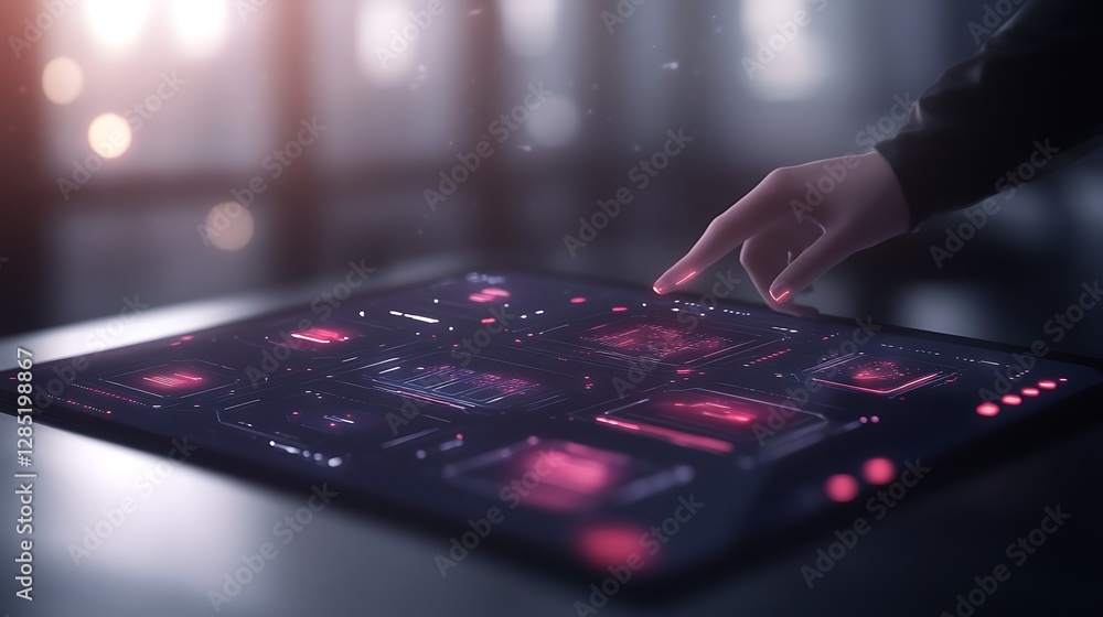 Poster futuristic touchscreen interface with vibrant lights and a hand interacting with digital elements.