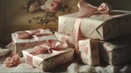 A close-up of several wrapped presents with ribbons and bows, arranged on a table with soft, diffused lighting that emphasizes the texture and details of the paper and decoration 