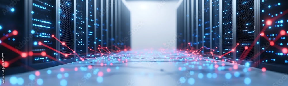 Poster Data center corridor with illuminated server racks and digital connections.