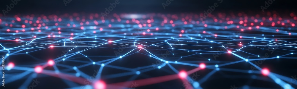 Poster Abstract digital network with glowing nodes and interconnected lines, creating a futuristic visual.