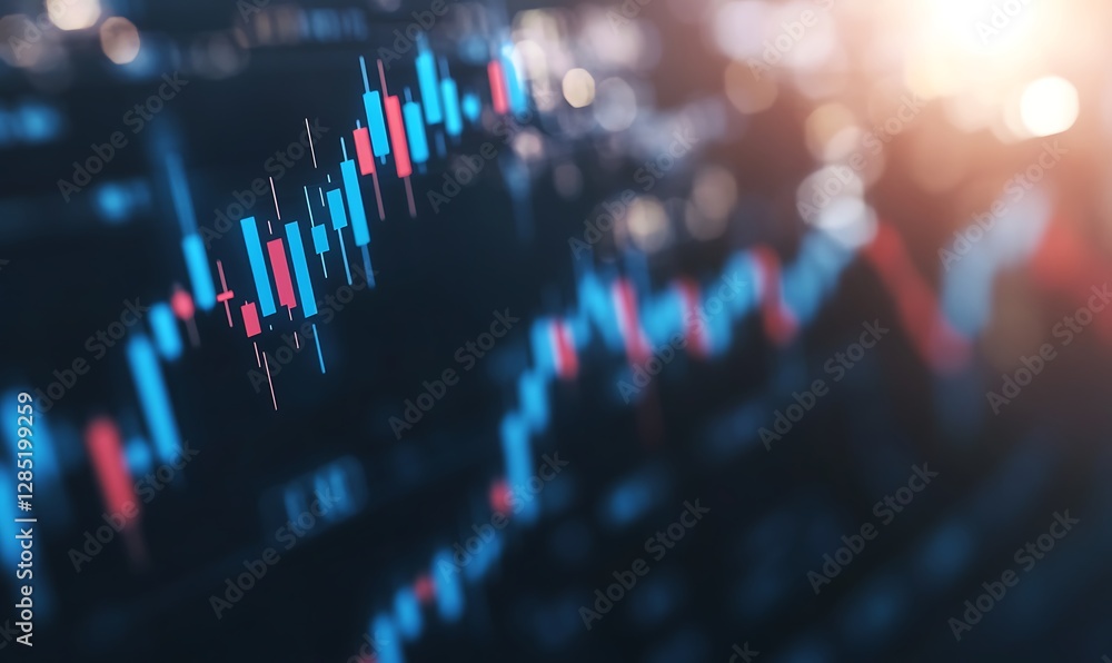 Poster Data visualization of financial markets with colorful candlestick charts and a dynamic background.