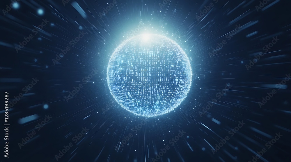 Poster digital sphere surrounded by glowing particles, representing technology and connectivity.