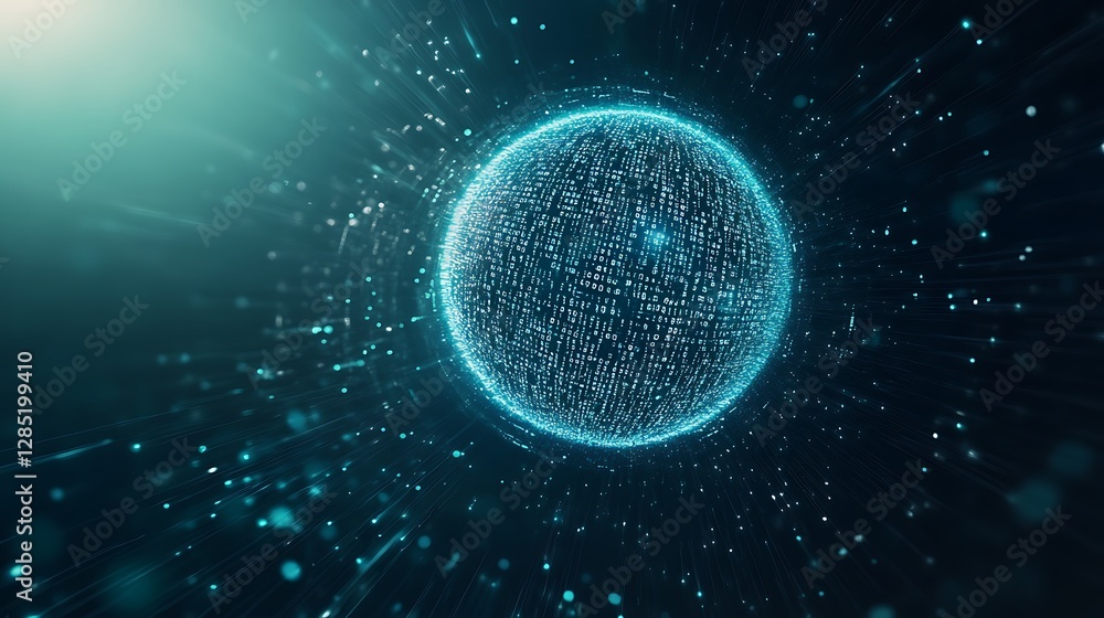 Poster glowing abstract sphere surrounded by particles in a dark, ethereal space.